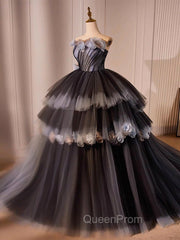 Black Tulle Flower Long Evening Prom Gown, Black Sweet 16 Dresses