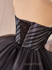 Black Tulle Flower Long Evening Prom Gown, Black Sweet 16 Dresses