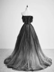 Black Tulle Gradient Long Party Dresses With Beadings, Black Evening Dresses Evening Prom Dresses