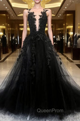 Black Tulle Lace Long A-Line Evening Prom Dresses, Black V-Neck Evening Dresses
