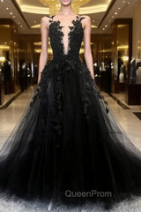 Black Tulle Lace Long A-Line Evening Prom Dresses, Black V-Neck Evening Dresses