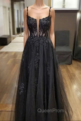 Black Tulle Lace Long Evening Prom Dresses, A-Line Spaghetti Straps Evening Dresses