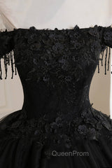 Black Tulle Lace Long Evening Prom Dresses, Black A-Line Evening Gown