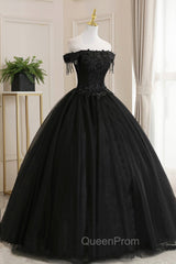 Black Tulle Lace Long Evening Prom Dresses, Black A-Line Evening Gown