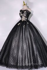 Black Tulle Lace Long Evening Prom Dresses, Black A-Line Strapless Evening Gown