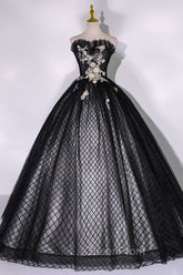 Black Tulle Lace Long Evening Prom Dresses, Black A-Line Strapless Evening Gown
