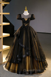 Black Tulle Lace Long Evening Prom Dresses, Black Short Sleeve Evening Dresses