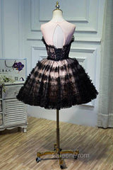 Black Tulle Lace Short Evening Prom Dresses, A-Line Black Homecoming Dresses