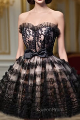 Black Tulle Lace Short Evening Prom Dresses, A-Line Black Homecoming Dresses