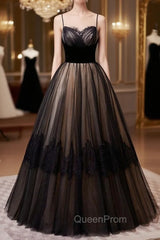 Black Tulle Lace Spaghetti Straps Evening Prom Dresses