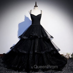 Black Tulle Layers Straps Beaded Long Evening Dresses, Black Evening Dresses Evening Prom Dresses