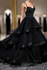 Black Tulle Layers Straps Beaded Long Evening Dresses, Black Evening Dresses Evening Prom Dresses