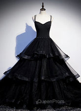 Black Tulle Layers Straps Beaded Long Evening Dresses, Black Evening Dresses Evening Prom Dresses