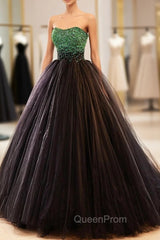 Black Tulle Long Evening Dresses with Green Beaded, Black Strapless Evening Prom Dresses