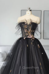 Black Tulle Long Evening Prom Dresses, Black A-Line Strapless Evening Dresses