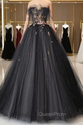 Black Tulle Long Evening Prom Dresses, Black A-Line Strapless Evening Dresses