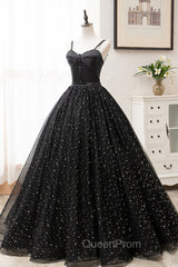 Black Tulle Long Evening Prom Dresses, Black Spaghetti Straps Evening Gown