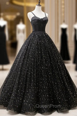 Black Tulle Long Evening Prom Dresses, Black Spaghetti Straps Evening Gown