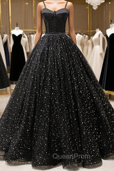 Black Tulle Long Evening Prom Dresses, Black Spaghetti Straps Evening Gown
