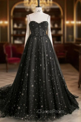 Black Tulle Long Evening Prom Dresses with Stars, Cute Spaghetti Straps Graduation Dresses