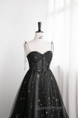 Black Tulle Long Evening Prom Dresses with Stars, Cute Spaghetti Straps Graduation Dresses