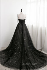 Black Tulle Long Evening Prom Dresses with Stars, Cute Spaghetti Straps Graduation Dresses