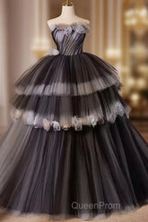 Black Tulle Long Evening Prom Gown, Black Tulle Evening Dresses