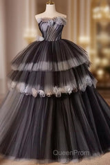 Black Tulle Long Evening Prom Gown, Black Tulle Evening Dresses