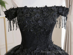 Black Tulle Off Shoulder Lace Long Prom Dress, Black Evening Dress