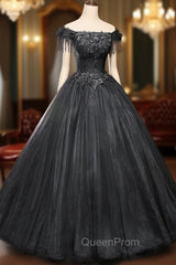 Black Tulle Off Shoulder with Lace Applique Party Dresses, Black Tulle Long Sweet 16 Dresses