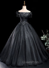 Black Tulle Off Shoulder with Lace Applique Party Dresses, Black Tulle Long Sweet 16 Dresses