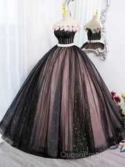 Black Tulle & Pink Flowers Sparkle Evening Prom Dresses