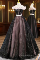Black Tulle & Pink Flowers Sparkle Evening Prom Dresses