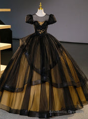 Black Tulle Puff Sleeve Appliques Beading Quinceanera Dress