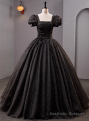 Black Tulle Puff Sleeve Appliques Pleats Quinceanera Dress