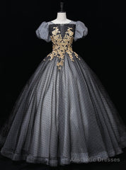 Black Tulle Puff Sleeve Appliques Sequins Quinceanera Dress