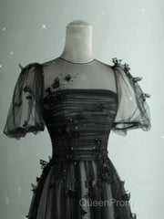 Black Tulle Puffy Short Sleeves A-Line Evening Prom Dresses, Black Evening Dresses Party Dresses