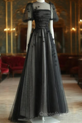 Black Tulle Puffy Short Sleeves A-Line Evening Prom Dresses, Black Evening Dresses Party Dresses
