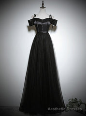 Black Tulle Satin Spaghetti Straps Prom Dress