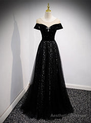 Black Tulle Sequins Cap Sleeve Prom Dress