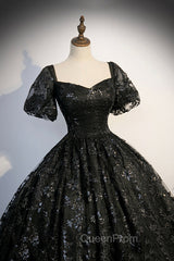 Black Tulle Sequins Long Evening Prom Dresses, A-Line Short Sleeve Evening Gown