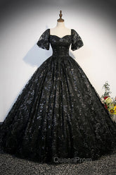 Black Tulle Sequins Long Evening Prom Dresses, A-Line Short Sleeve Evening Gown