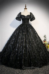 Black Tulle Sequins Long Evening Prom Dresses, A-Line Short Sleeve Evening Gown