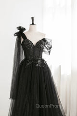 Black Tulle Sequins Long Evening Prom Dresses, Black One Shoulder Evening Dresses