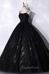 Black Tulle Sequins Long Evening Prom Dresses, Black Spaghetti Straps Evening Dresses