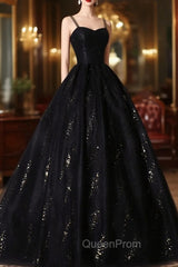 Black Tulle Sequins Long Evening Prom Dresses, Black Spaghetti Straps Evening Dresses