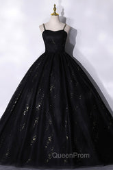 Black Tulle Sequins Long Evening Prom Dresses, Black Spaghetti Straps Evening Dresses