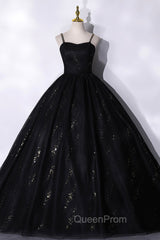 Black Tulle Sequins Long Evening Prom Dresses, Black Spaghetti Straps Evening Dresses