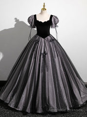 Black Tulle Sequins Square Neck Puff Sleeve Quinceanera Dress