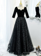 Black Tulle Sequins Square Neck Short Sleeve Prom Dress